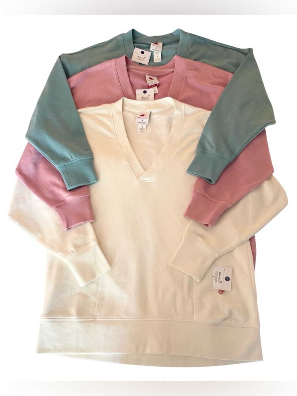 Champion Game Day V Neck Sweatshirt Bundle 3pc NWT Womens Fleece Pink Teal Cream